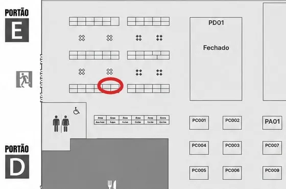 Planta do pavilhão da BGS 2026 com o estande da Venn Studios (AI49–AI50) circulado em vermelho, na Área Indie, perto do Portão E.