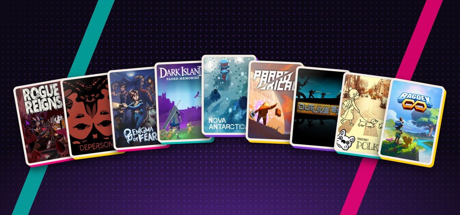 Adesivos das capas de nove jogos da vitrine em leque, entre eles Rogue Reigns, DEPERSON, Enigma of Fear e Bagdex