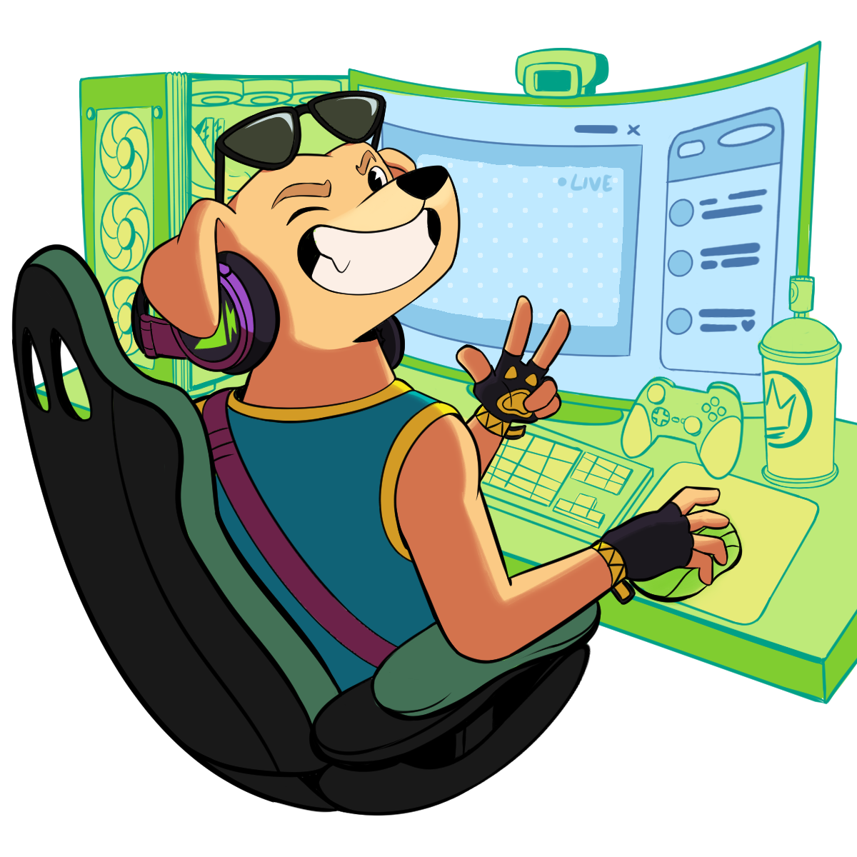 O mascote do COME TO BRASIL fazendo live numa mesa gamer, de headset e fazendo o sinal de paz